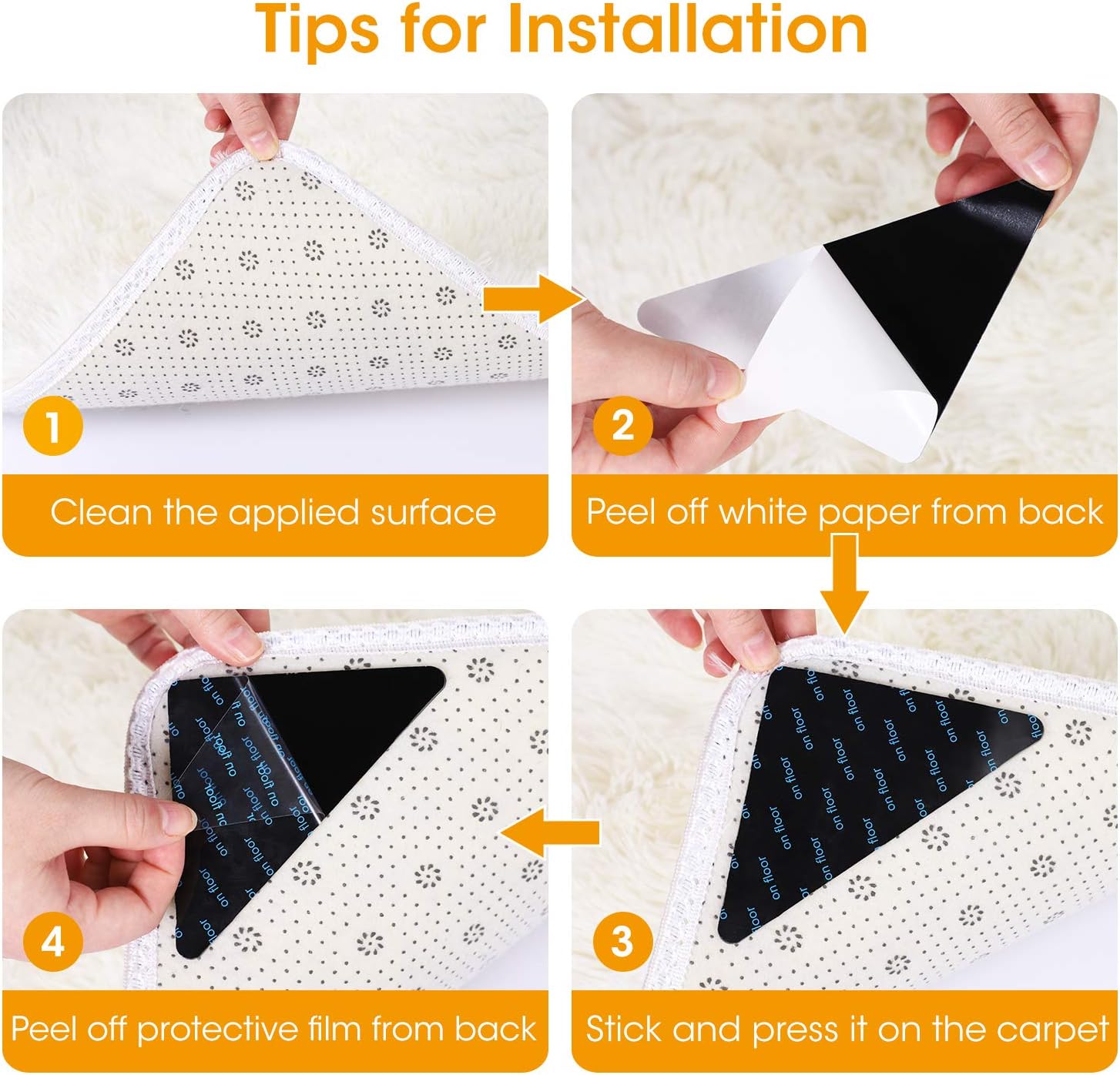 Rug Gripper, 10 Pcs Double Sided Anti Curling Non Slip Reusable Rug Pad, Washable Rug Tape for Hardwood Floors, Tile Floors, Carpets, Floor Mats, Wall (Black): Home & Kitchen