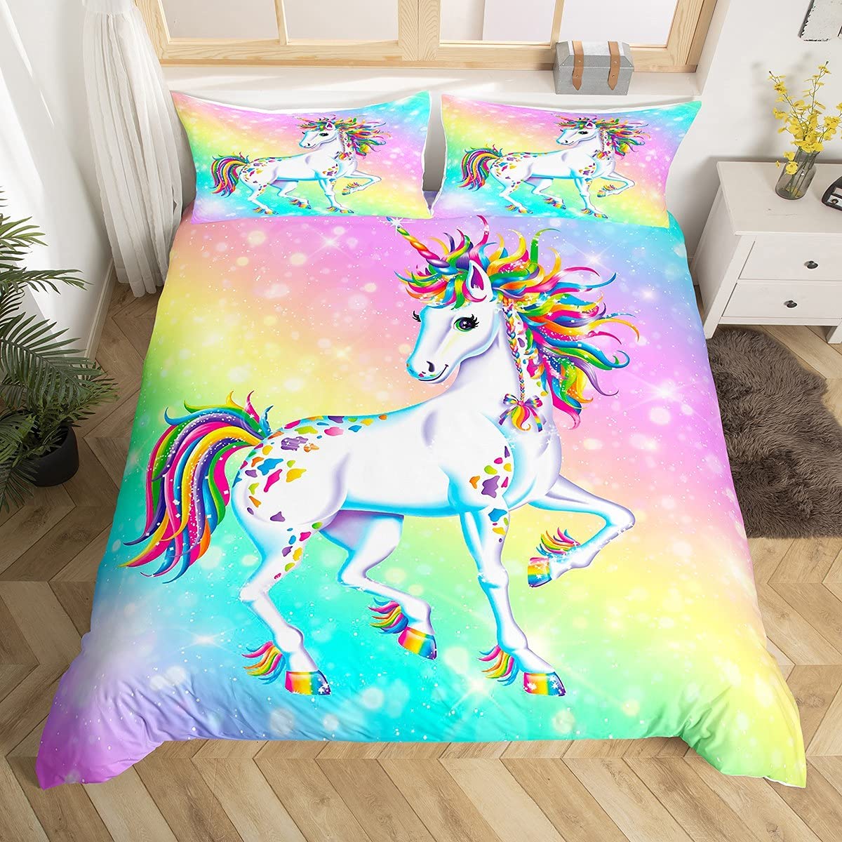 Loussiesd Rainbow Horse Cute Unicorn Comforter Cover for Kids Girls Children Gift Cartoon Duvet Cover Colorful Glitter Bedding Set Girly Pink and Blue Pastel 3 Piece Trendy Bed Double (2Pillow Case)