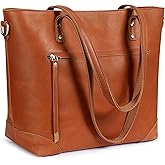 S-ZONE Vintage Genuine Leather Shoulder Bag Work Totes for Women Purse Handbag with Back Zipper Pocket Large