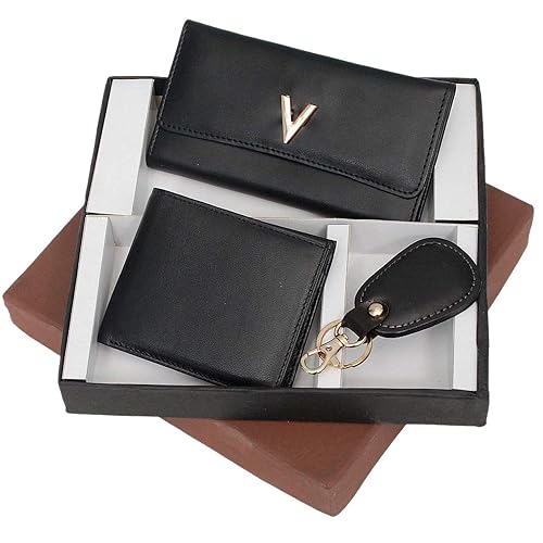 Borse 3-in-One Black Sheep Leather Mens and Womens Wallet and Key Chain Gifts Set Box-for Valentines Day