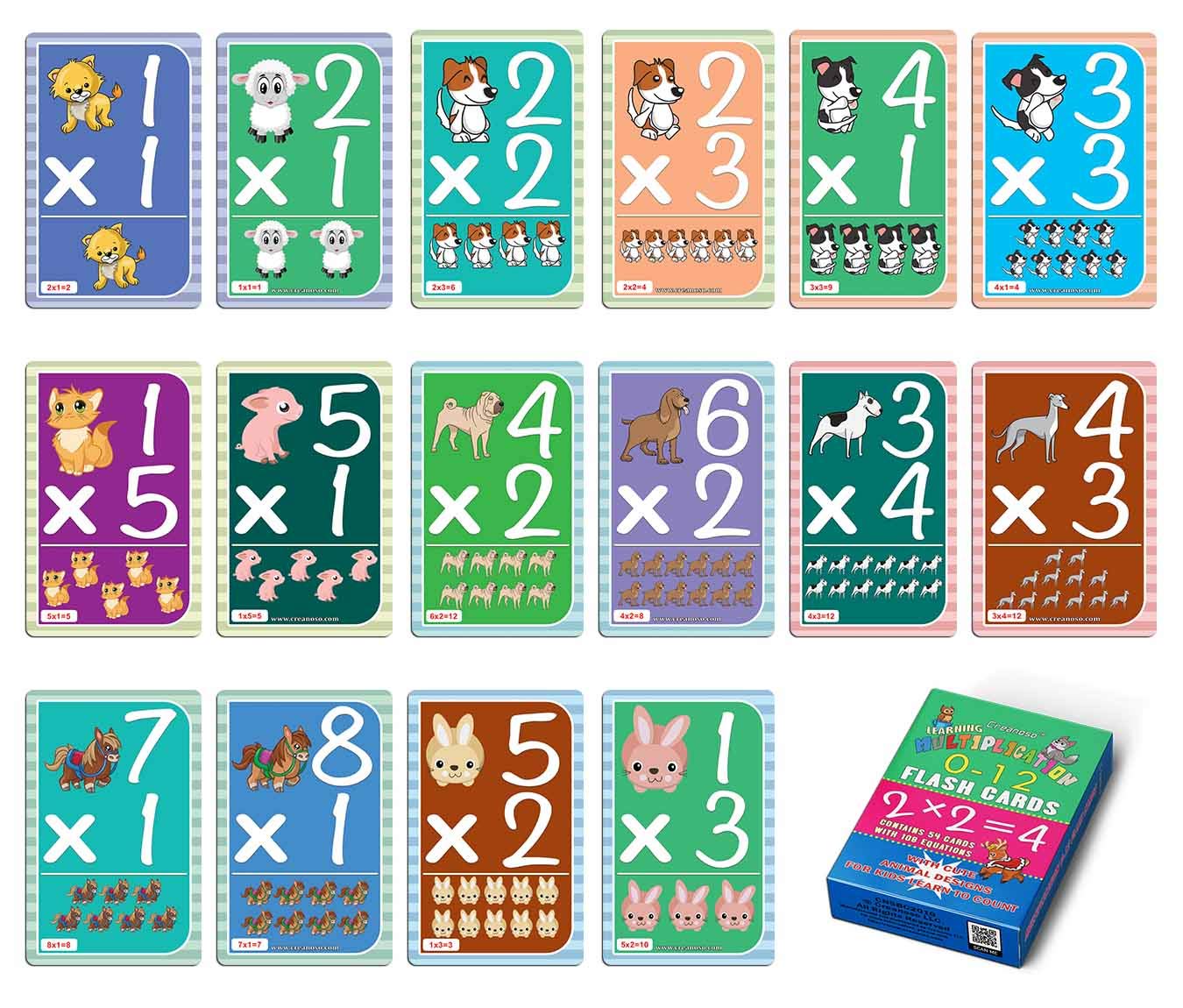 Creanoso Educational Cute Animals Learning Multiplication 0-12 Flash Cards for Kids Bulk Set (1-Deck) - Pretty Favors Decor Decal Supply - Stocking Stuffers Gifts for Boys Girls Home Activities