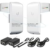 Wireless Bridge Ubiquiti LOCOM5 PRE-CONFIGURED, Bundle of 2 Ubiquiti Nanostation LOCO M5, Point to Point Outdoor WiFi Bridge, Plugh and Play, 5GHz, 150+Mbps, 10+km Link Range, Network Bridge.