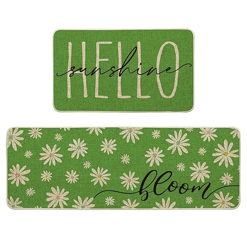 Artoid Mode Green Daisy Hello Sunshine Bloom Spring Kitchen Mats Set of 2, Home Decor Low-Profile Kitchen Rugs for Floor - 17x29 and 17x47 Inch