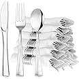 GzfunTeng 60 Pack Silver Plastic Silverware with Pre Rolled Napkins, Disposable Individually Wrapped Gold Cutlery Set Includes: 60 Forks 60 Knives 60 Spoons 60 Napkin for Party, Wedding & Dinner