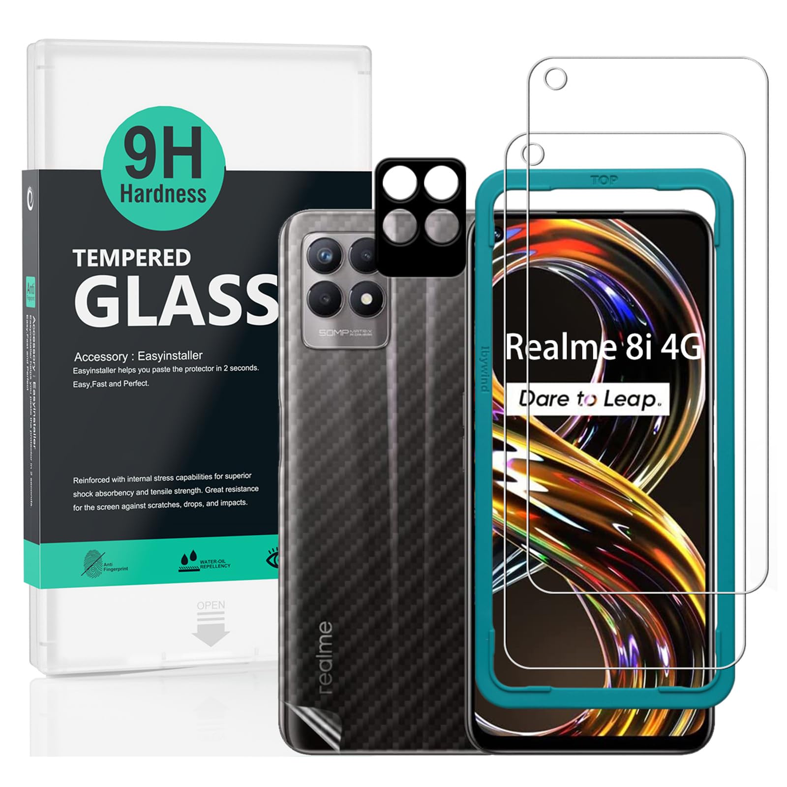 Ibywind Screen Protector (2 Pack) For Realme 8i 4G/Realme Narzo 50 4G,9H Hardness Tempered Glass,With 1Pc Metal Camera Lens Protector,1Pc Back Protector,Easy to Install