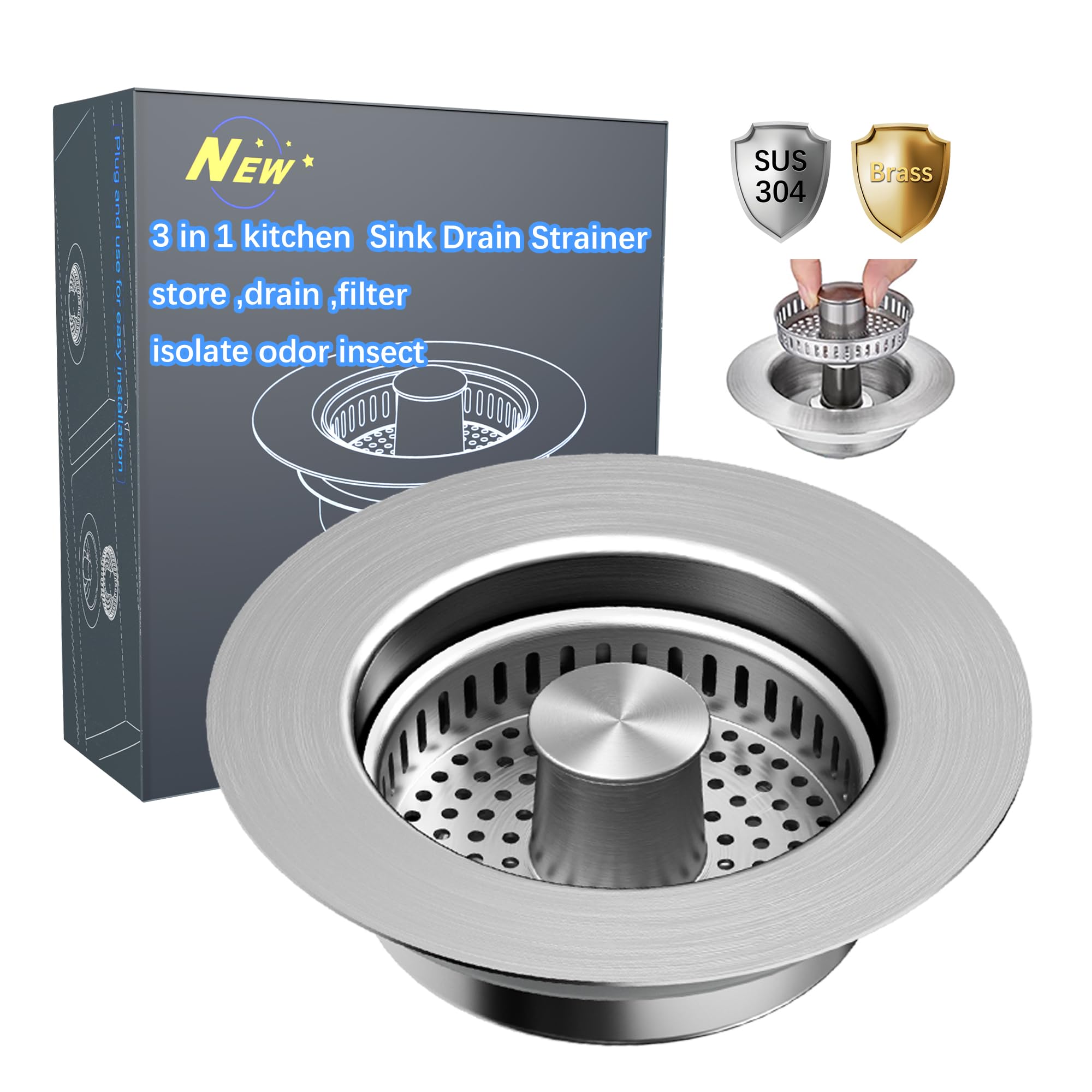 Photo 1 of 3 in 1 Kitchen Sink Drain Strainer Pop up Sink Stopper,Durability Stainless Steel Anti-Clogging Strainer Basket Odor Prevention Plug Stopper for US Standard 3-1/2” Drain