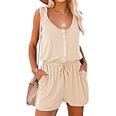 Mafulus Womens Summer Scoop Neck Button Down Sleeveless Jumpsuit Rompers Adjustable Waist Short with Pockets