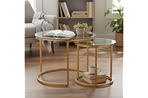 CUIZEHUA Round Nesting Coffee Table Set of 2, Modern Glass Nesting Tables, Stacking Minimalist End Table for Living Room Bedroom Small Space, Clear Tempered Glass and Gold