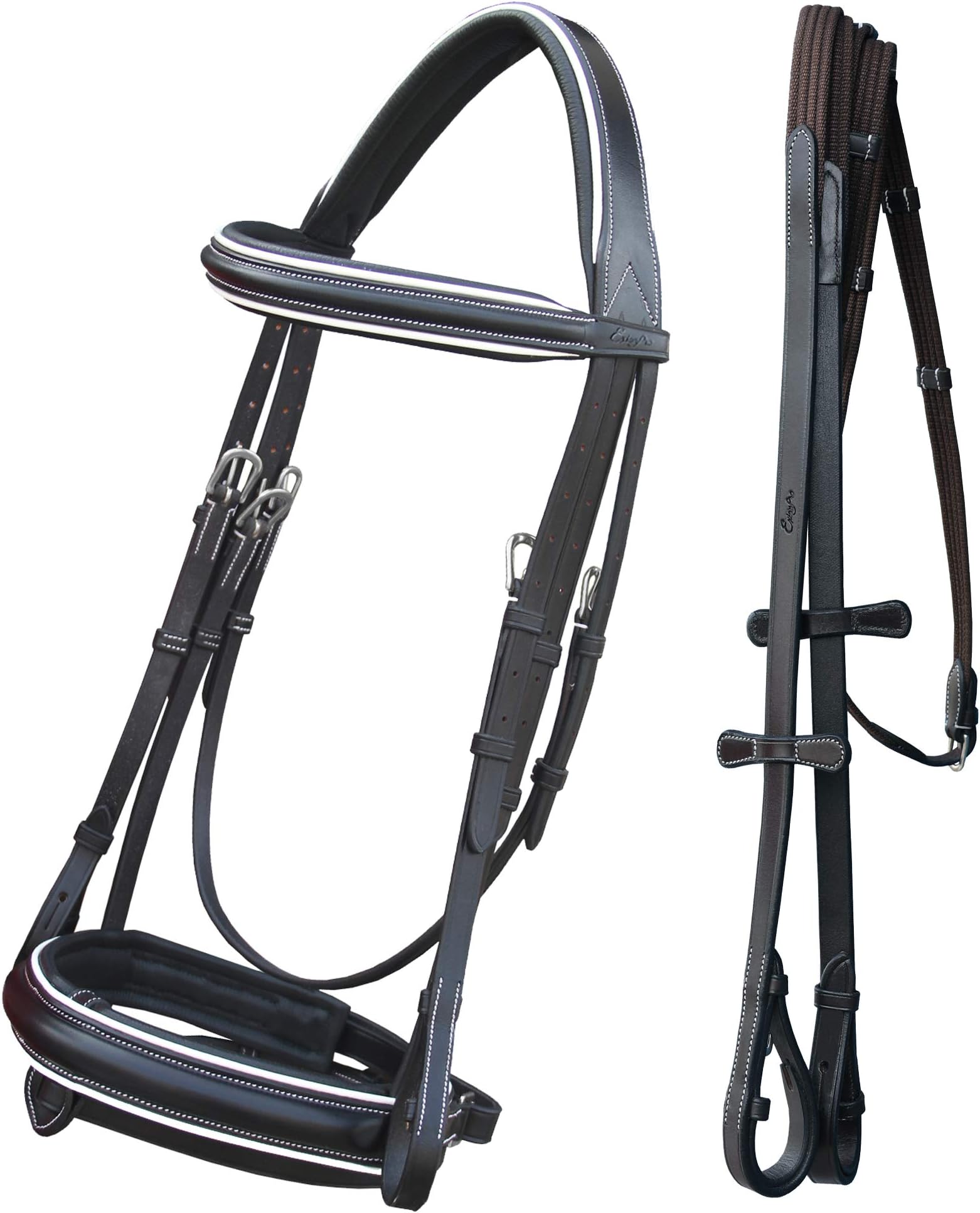 ExionPro Comfort Lined White Piping Mono Crownpiece Raised Browband & Broad Detachable Flash Crank Noseband Dressage Horse Bridle with Web Reins & Hand Stoppers | Dressage Bridles for Horses