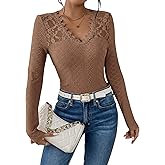 SOLY HUX Women's Lace Trim Tee Shirt Long Sleeve Eyelet Tops Casual V Neck Slim Fit Shirts Fall Outfit Clothes