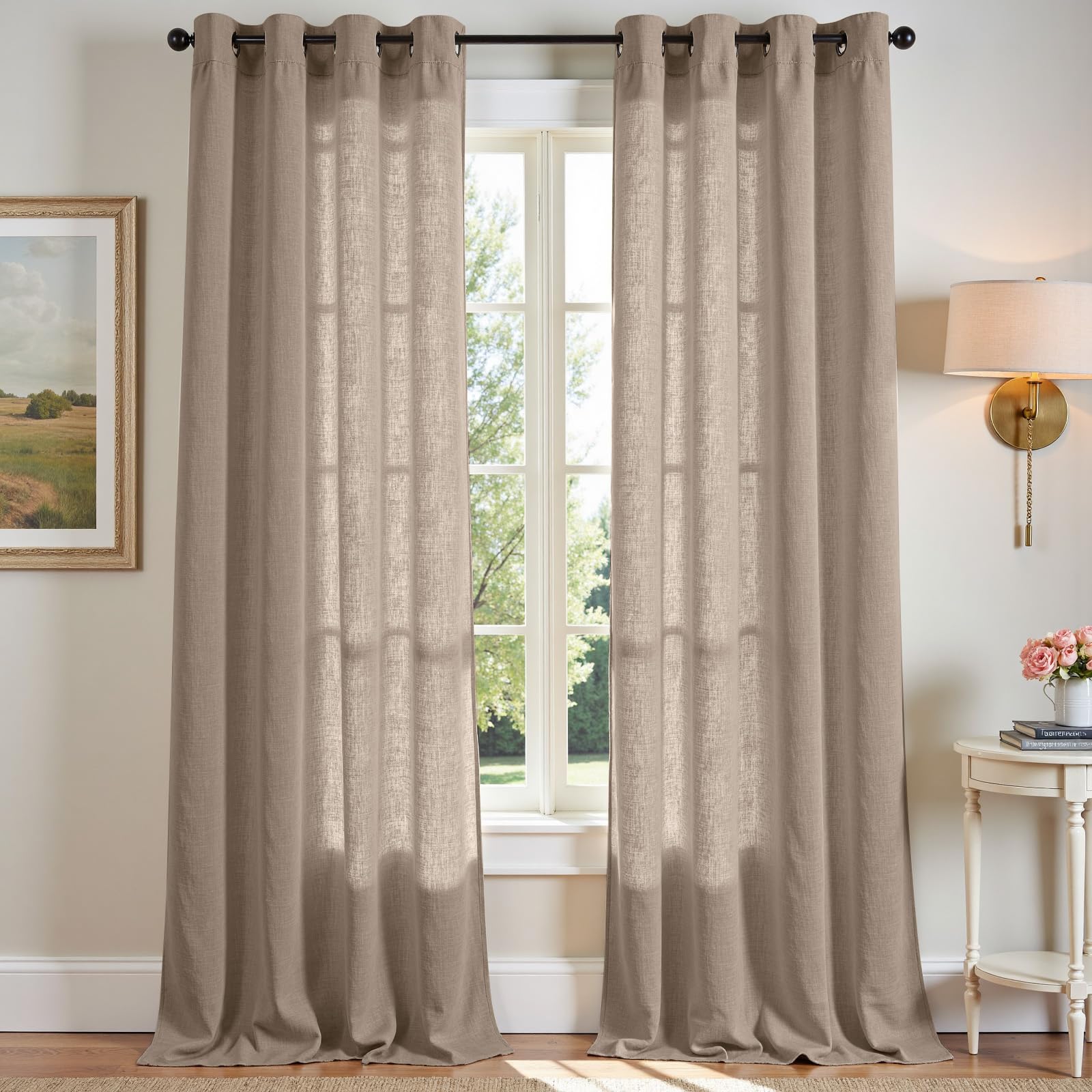 Photo 1 of jinchan Taupe Linen Semi Sheer Curtains 96 Inch Curtains 2 Panel Set for Living Room Grommet Dark Flax Light Filtering Drapes Home Office Minimalist Decor Suitable for Bathroom and Bedroom 50x96 Inch