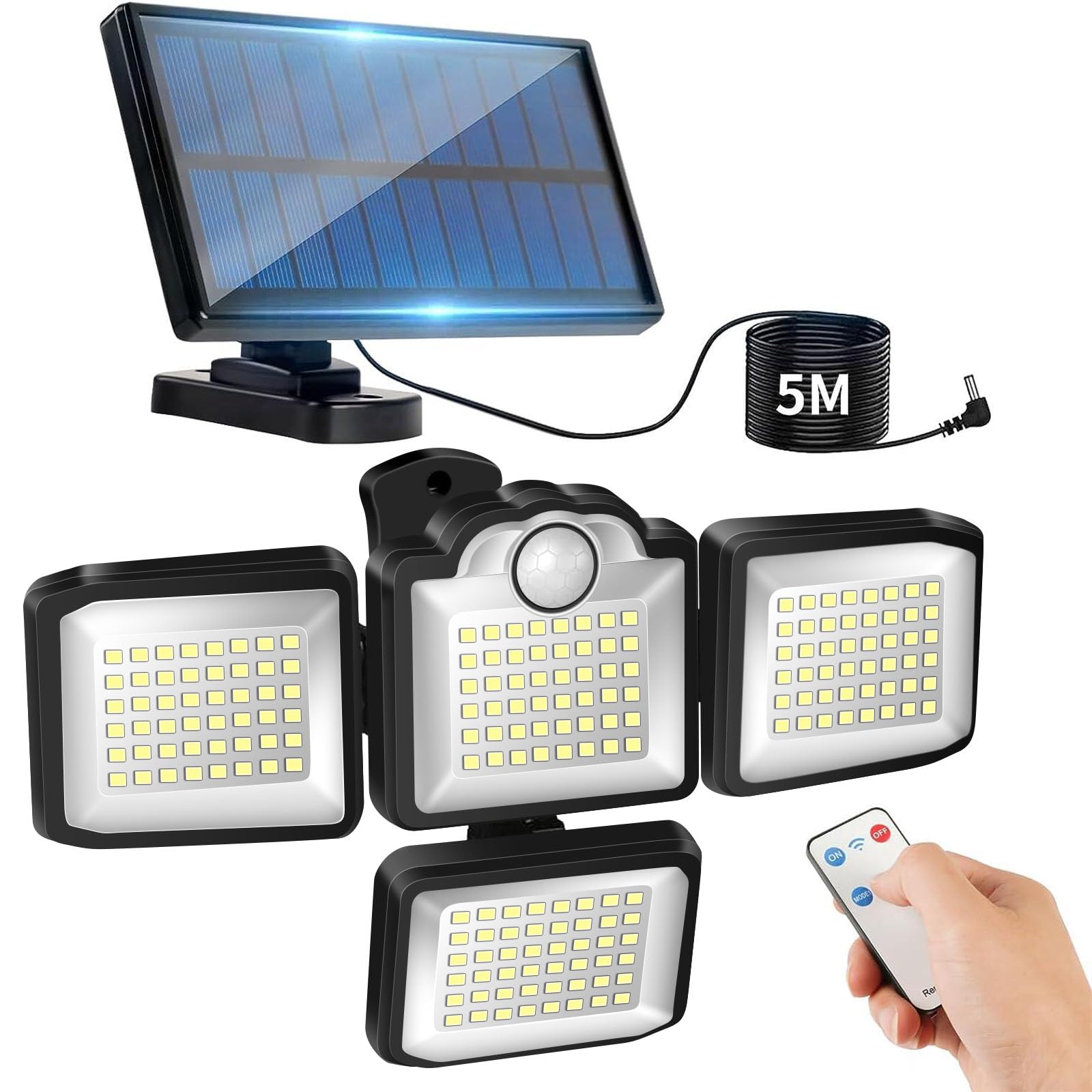 flintronic Solar Security Lights, 1200LM Flood Lights with Outdoor Motion Sensor, IP65 Waterproof, 360° Adjustable 4 Heads, Wall Remote Control for Yard Garage Pathway, Black, 21.5*15*13cm