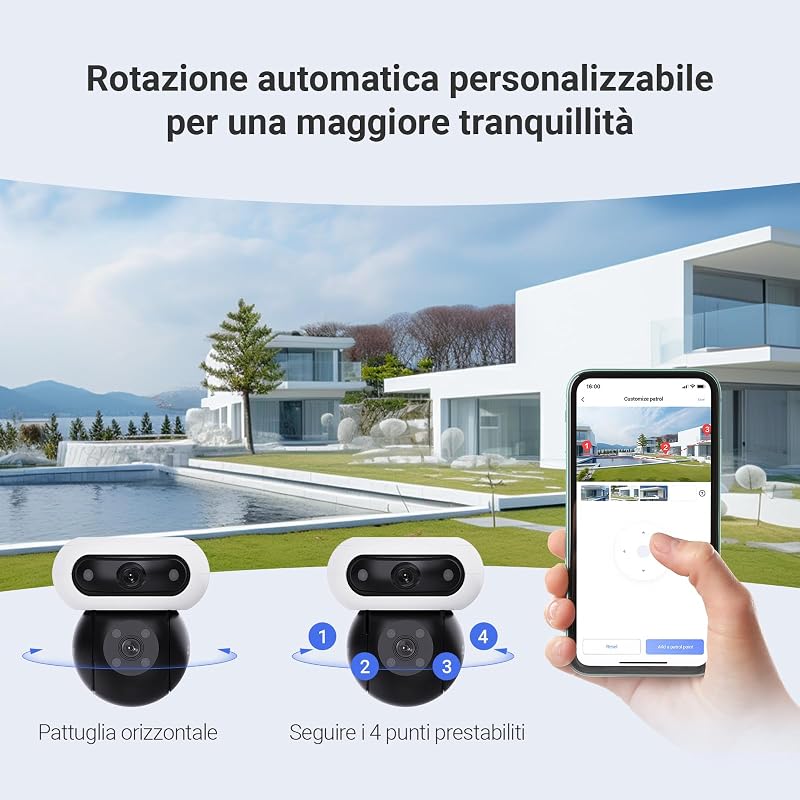 C90 Dual 8MP (4MP+4MP) Telecamera WiFi Esterno con Doppia Lente, Telecamera per Esterni a 360°, Visione Notturna a Colori, Rilevamento Persone/Veicoli, Audio Bidirezionale, Impermeabile