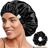 YANIBEST Adjustable Satin Bonnet Double Layer Hair Bonnet for Sleeping Bonnets for Women Hats Curly Natural Hair, Black