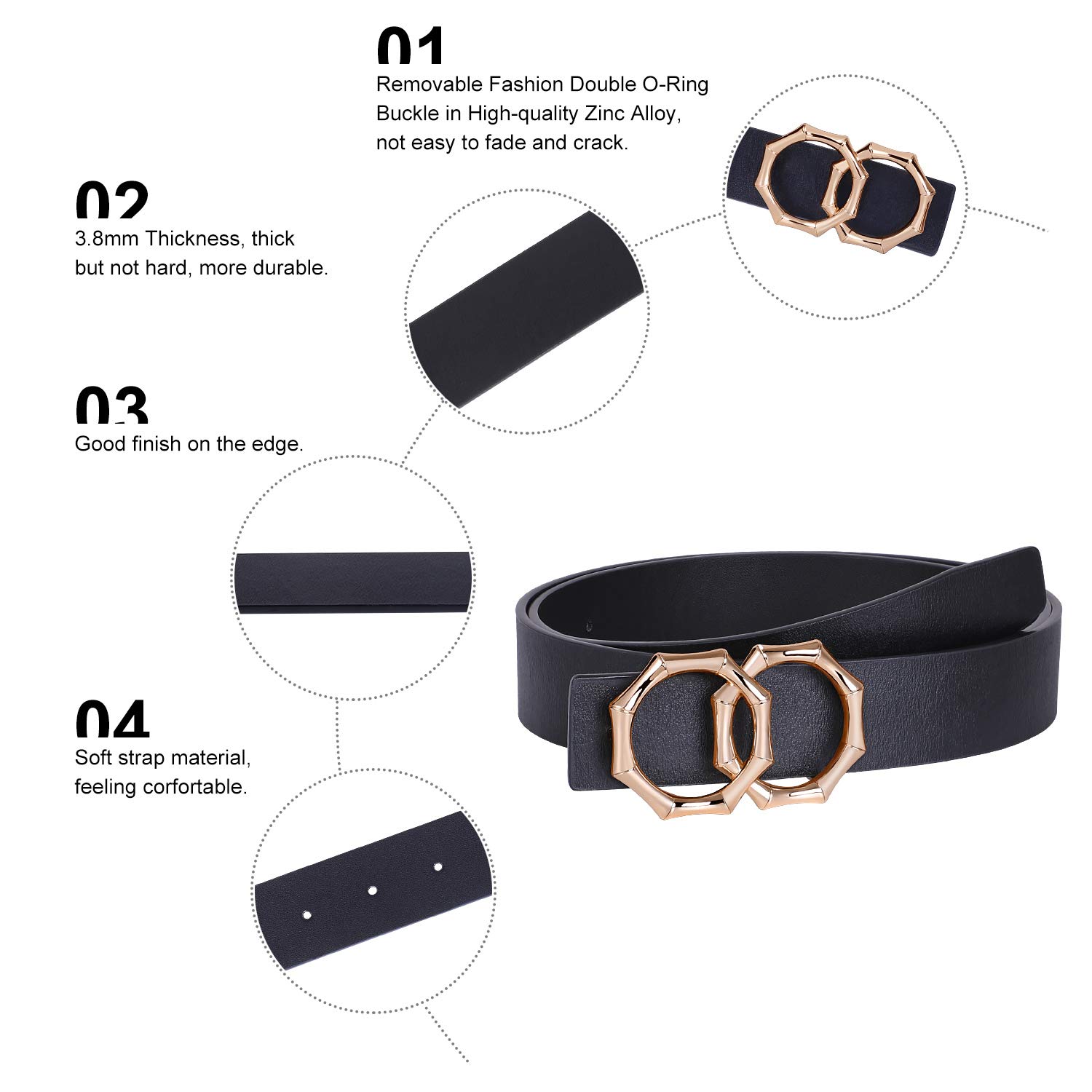 Women Leather Belt Double Ring Black Belt Fashion Golden Designer Buckle Belt for Jeans, Pants, Dresses, Shorts