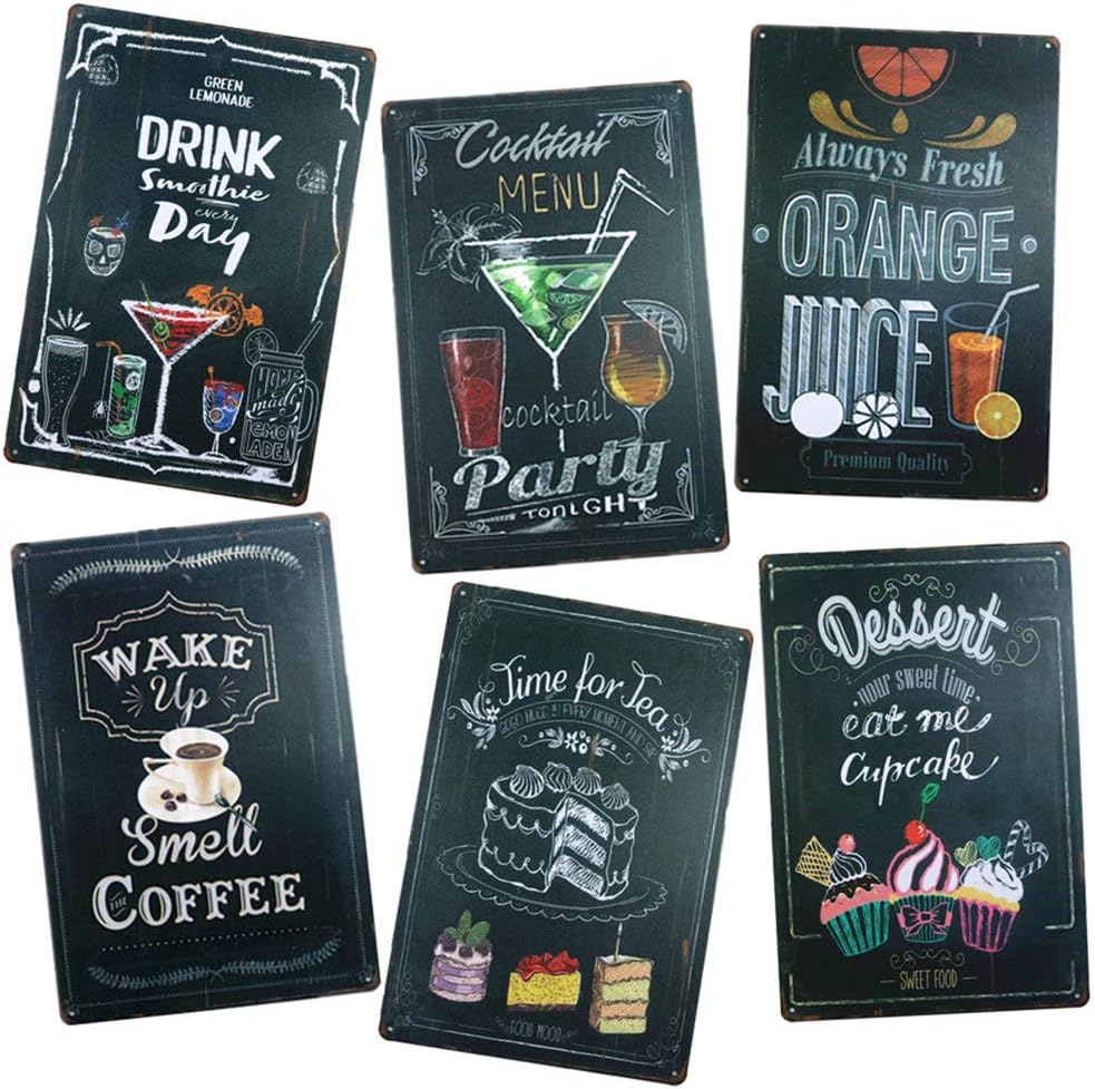 Yunuo 6 pcs Coffee Metal Sign Dessert,Kitchen,Restaurant,Coffee Shop Wall Decor Modern Wall Art (A)
