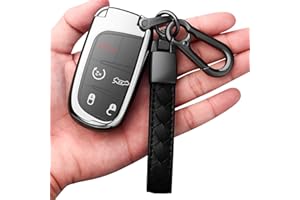 AUTOPHONE Compatible with Jeep Key Fob Cover with Leather Keychain Soft TPU Protection Key Case for Grand Cherokee Renegade Chrysler 200 300 Dodge RAM Durango Challenger Journey Dart Fiat Smart Key ,Silver