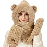 Winter Warm Hooded Scarf for Women- 3-in-1 Thick Fluffy Hat Scarf Gloves Set, Winter Cozy Gifts