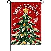 Artofy Merry Christmas Tree Small Decorative Garden Flag, Red Xmas Snowflake Yard Lawn Outside Decor, Winter Holiday Burlap Outdoor Home Decoration Double Sided 12 x 18
