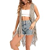 Women's Crochet Lace Vest Boho Sleeveless Kimono Irregular Hem Cardigan