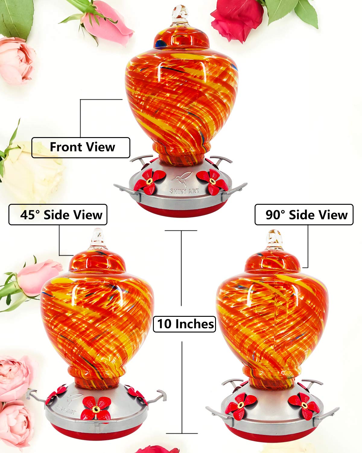 ShinyArt Hummingbird Feeder - Hand Blown Glass - Red - 36 Fluid Ounces Nectar Capacity Include Ant Moat, Metal Hook, Hemp Rope, Brush, Cleaning Rag and Service Card