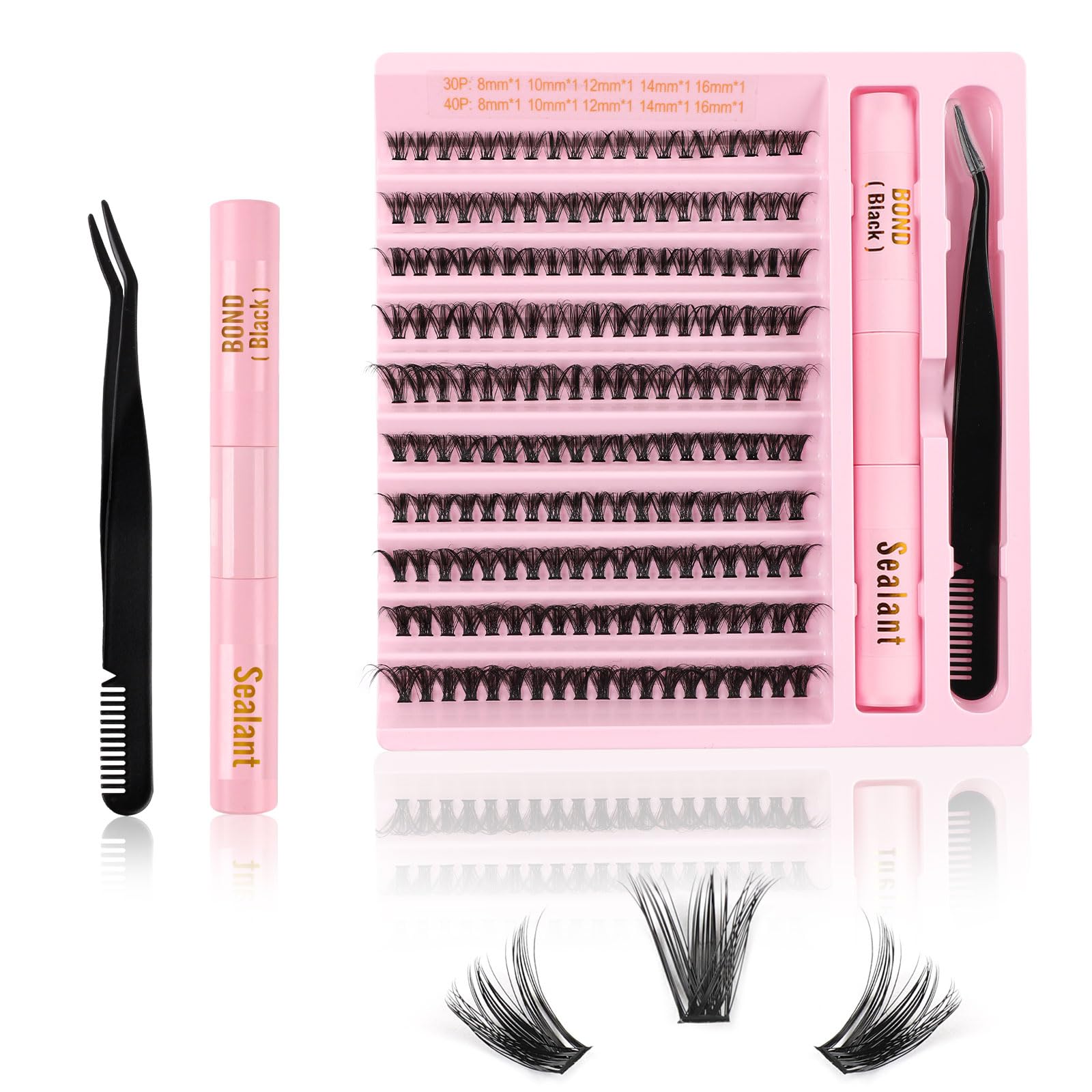 Kiusatig Eyelash Extension Kit 190PCS DIY Individual Eyelashes Kit Cluster Lashes D Curl 8-16mm Lash Extension Kit with Lash Bond and Seal Lash Kit with Lash Tweezers Set(30D+40D-8-16Mix Kit)