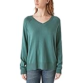 Lucky Brand Women's V-Neck Sweater, Long Sleeves, Side Slits, Cotton Blend, Cream/Green/Red/Black