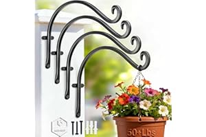 AJART Hanging Plant Hanger Outdoor: 12-Inch Metal Bird Feeder Wall Hooks - 4 Pieces Black Plant Bracket Hook for Hanging Flow