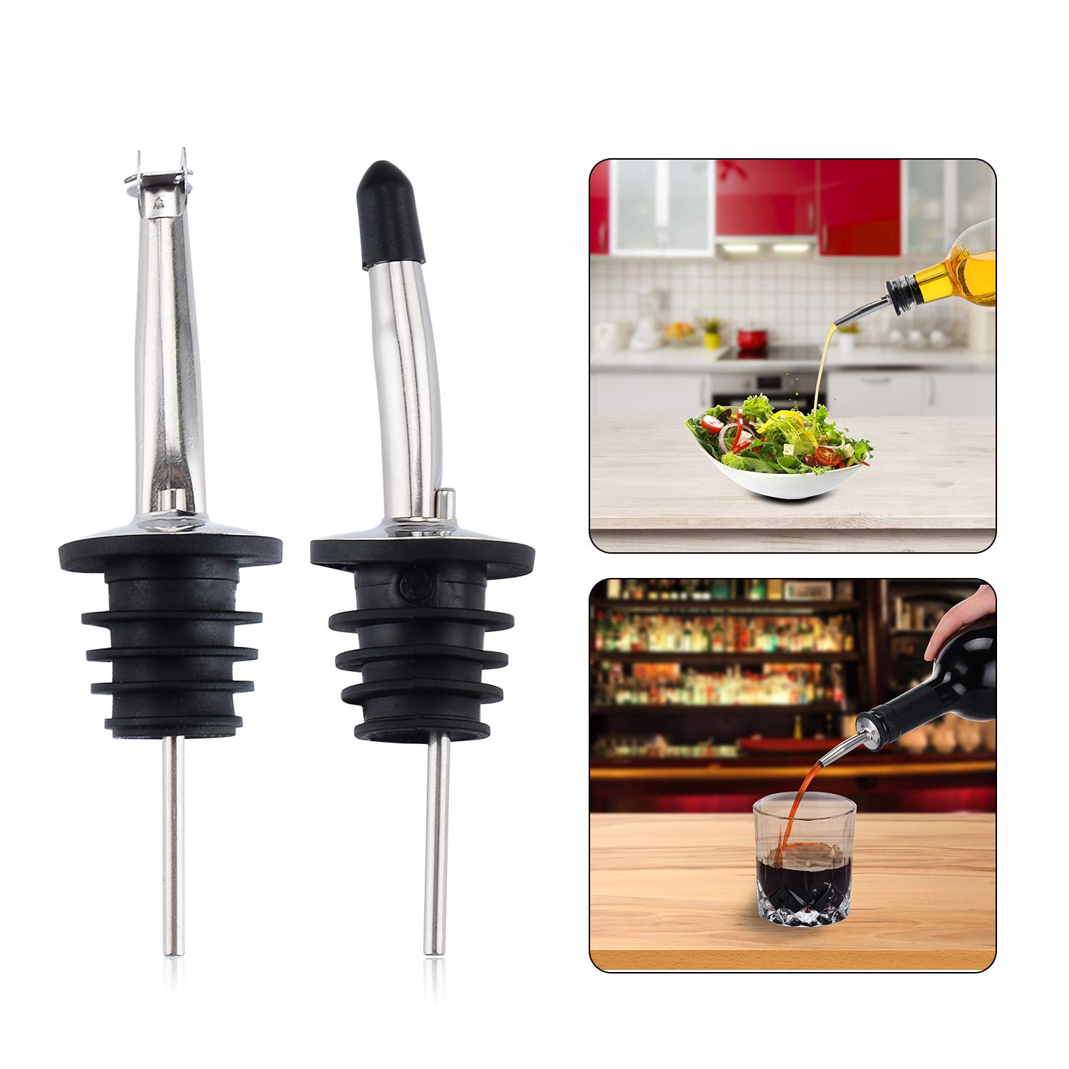 12 Pack Stainless Steel Classic Bottle Pourers Set, Liquor Pourers with Caps, Tapered Spout with Rubber Dust Caps and 1 Free Cleaning Tube Brush Oil Bottle Pourer