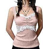 Women Sleeveless Coquette Tank Tops Fairy Grunge Lace Patchwork Cami Shirt Ribbed Knit Aesthetic Clothes