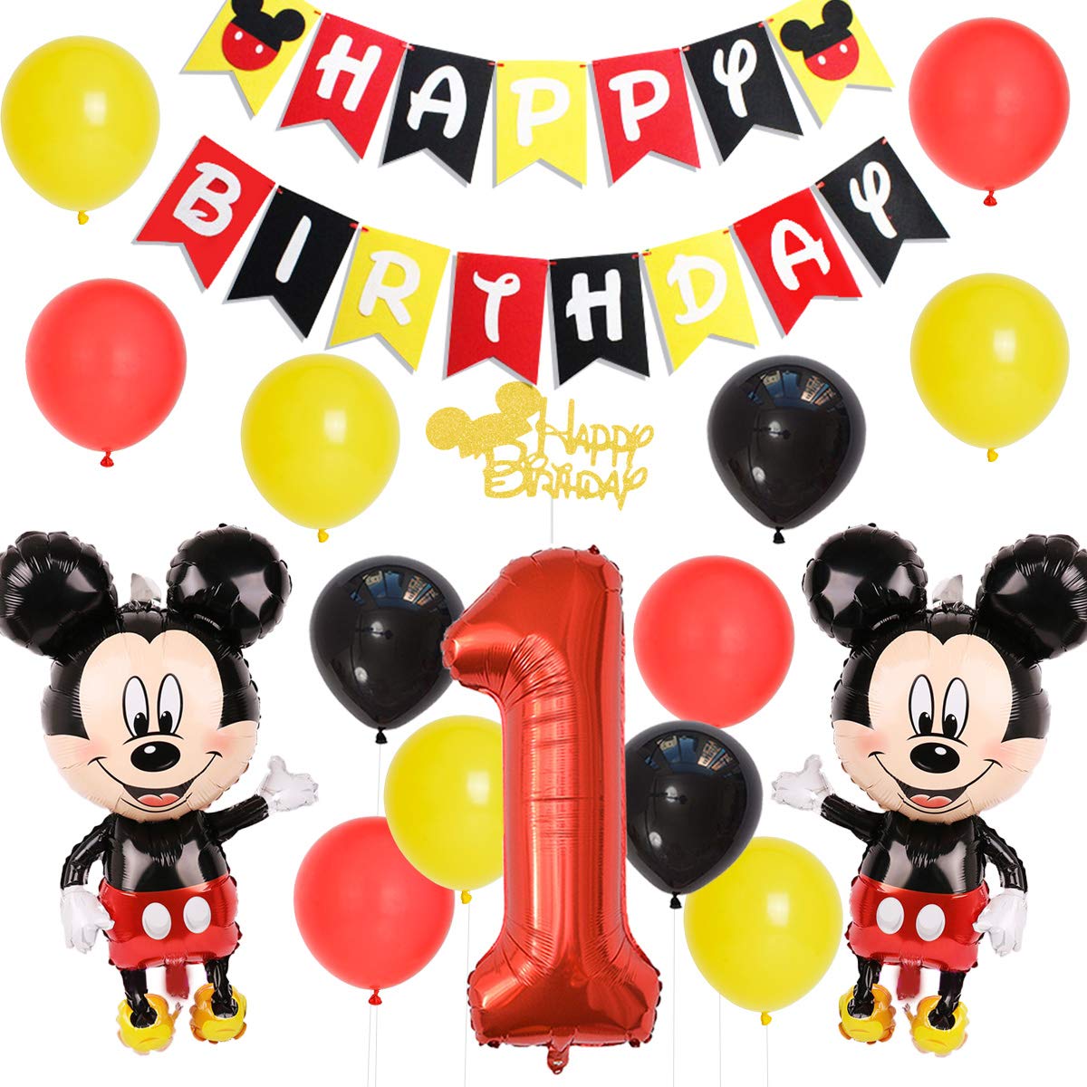 Negro Y Amarillo Mylar Globos Para Ninos Ninas Fangleland Mickey Mouse 1er Cumpleanos Decoraciones Para Fiestas Con Feliz Cumpleanos Banner Y Cake Topper Mickey Mouse Rojo Decoracion Para Fiestas Juguetes Y Juegos