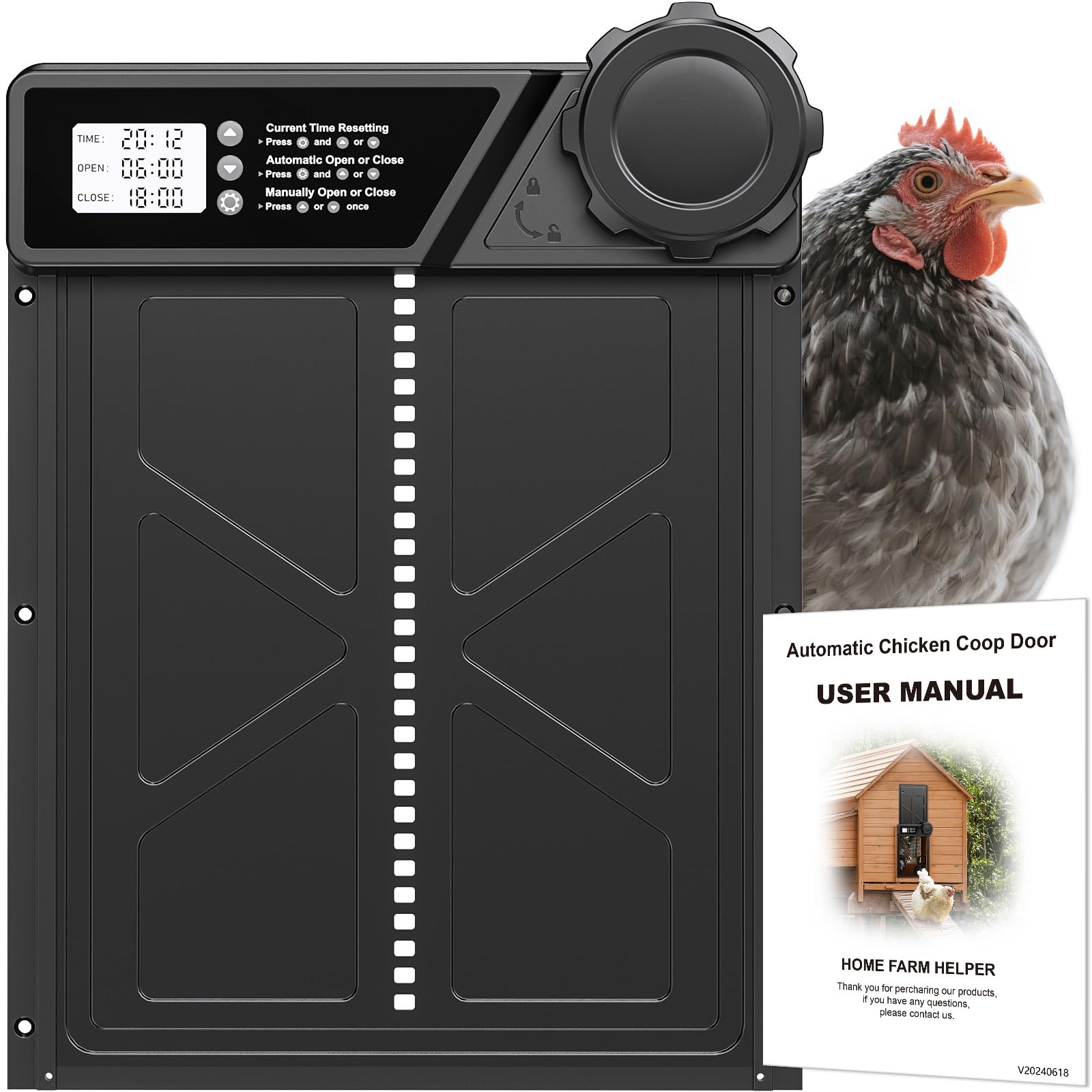 Photo 1 of Large Automatic Chicken Coop Door, Aluminum Automatic Chicken Door with Manual & Timer Mode, Anti-Pinch & Battery Powered, LCD Display Chicken Door for Chickens, Ducks, and Geese