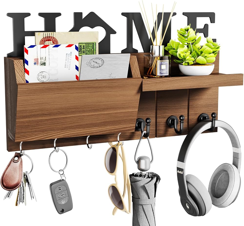 HapiRm Key Holder Wall Mounted 7 Hooks Mail Sorter Home Design Brown