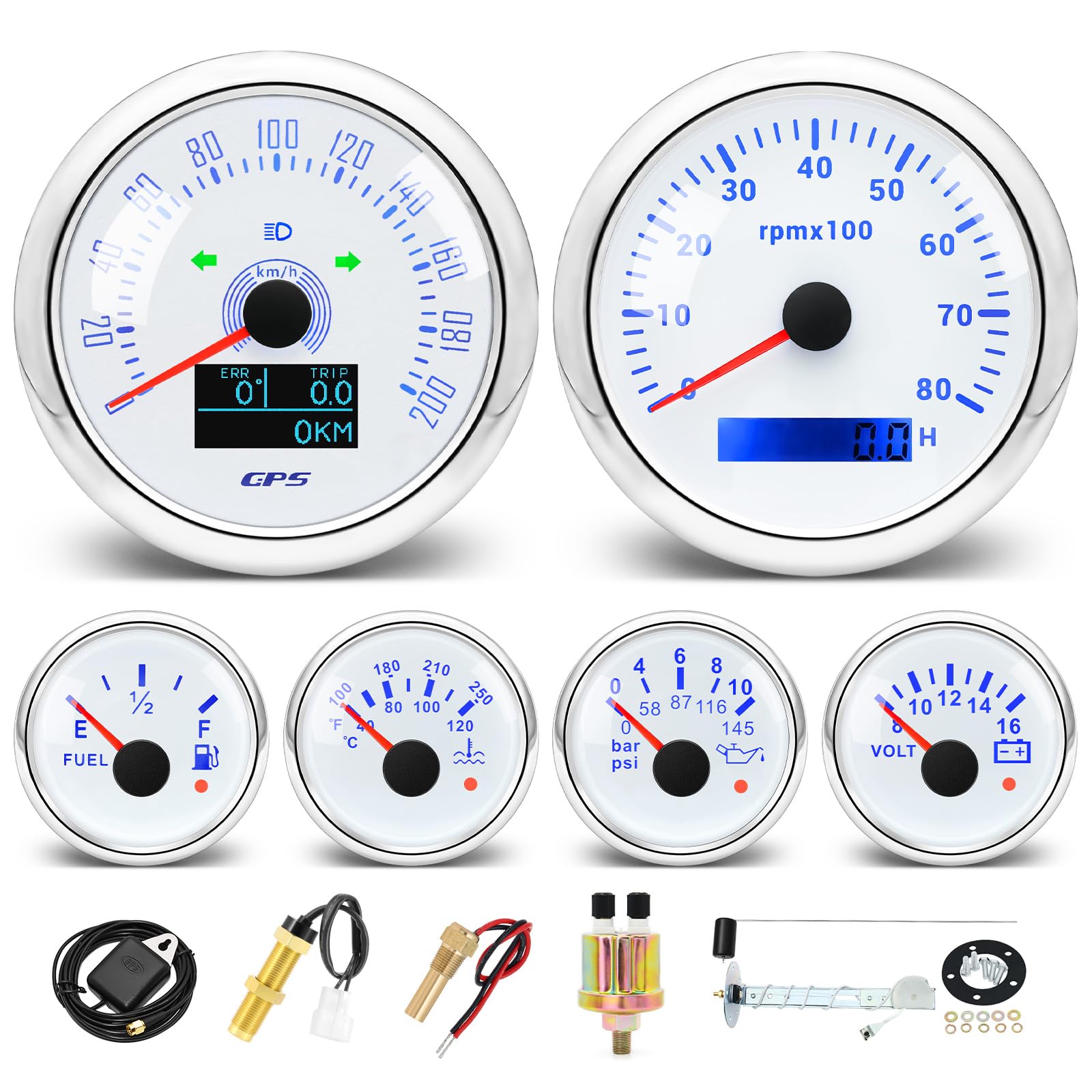 Photo 1 of MH 6 Boat AUTO Gauge Set - 3-3/8" 200km/h GPS Speedometer, Tachometer, 2-1/16" Oil Pressure, Fuel Level, Water Temperature, Voltmeter Automotive Marine Meter Kit 7 Color (White)