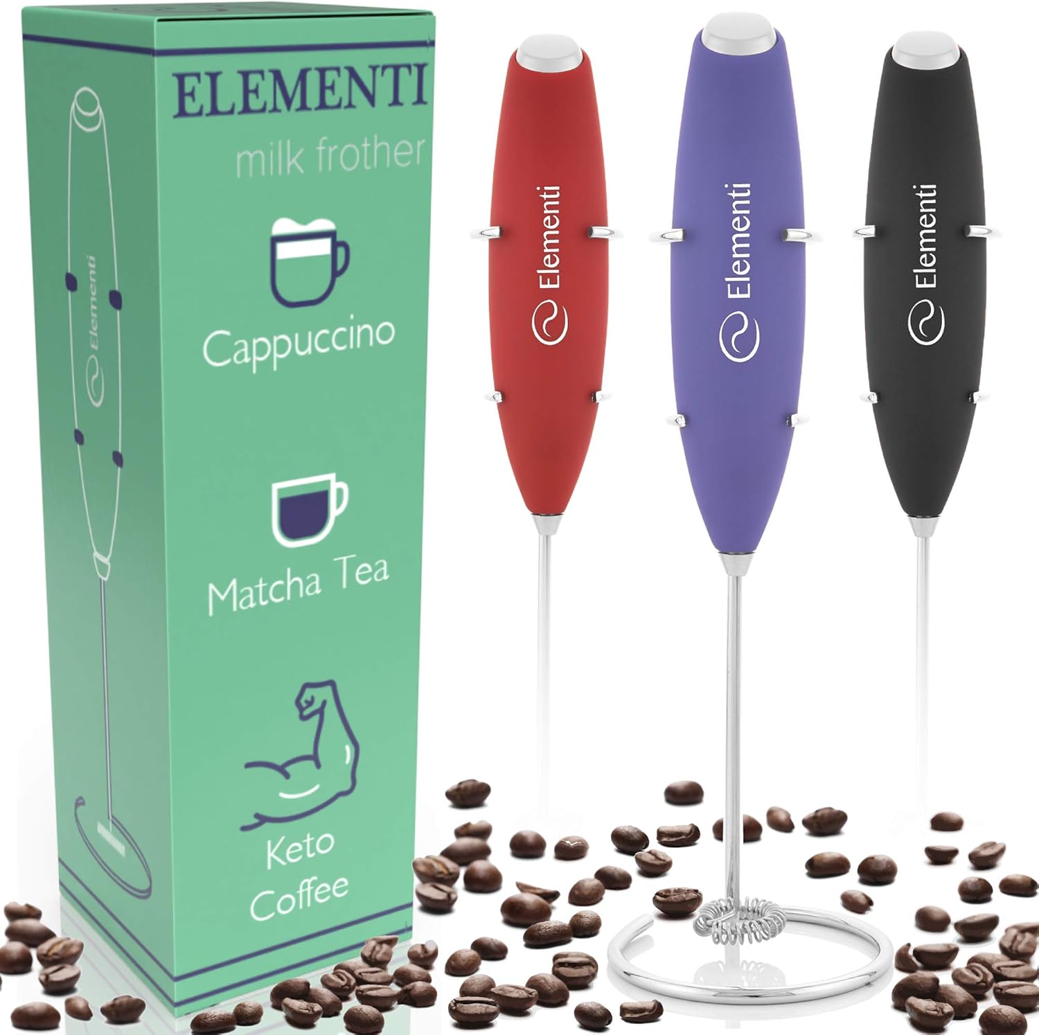 Elementi Milk Frother with Stainless Steel Whisk & Stand – Handheld Battery-Operated Drink Mixer, Coffee Frother, Milk Foamer, Cappuccino Maker, Great for Bulletproof Coffee, MCT Oil & Matcha Latte
