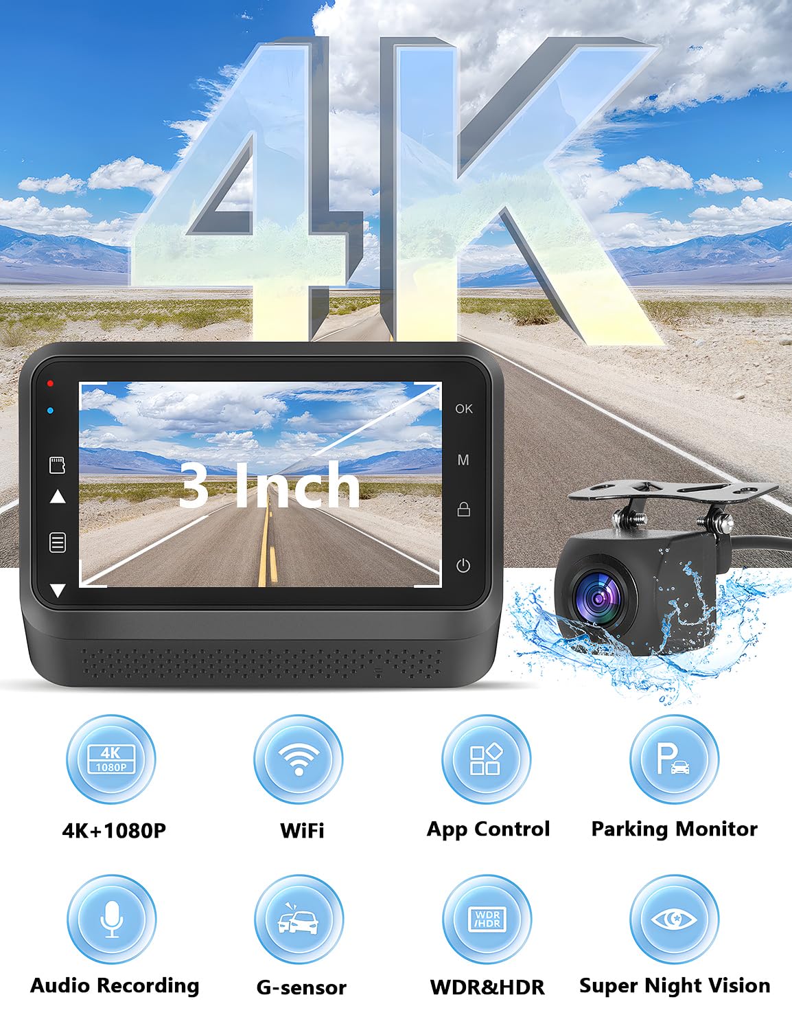 Dash Cam Front and Rear Camera, 4k+1080P WiFi Dual Dash Cam with APP, 3’’ IPS Dash Camera for Cars with Free 64GB Card, Otovoda Dashboard Camera with Night Vision, 24/7 Parking Monitor, WDR