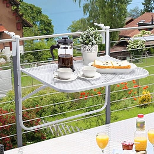 Balkonhängetisch W75xD55xH65cm-JAUTO Balkontisch zum Einhängen aus Streckmetall & Kunststoffummantelung - Klapptisch für klei