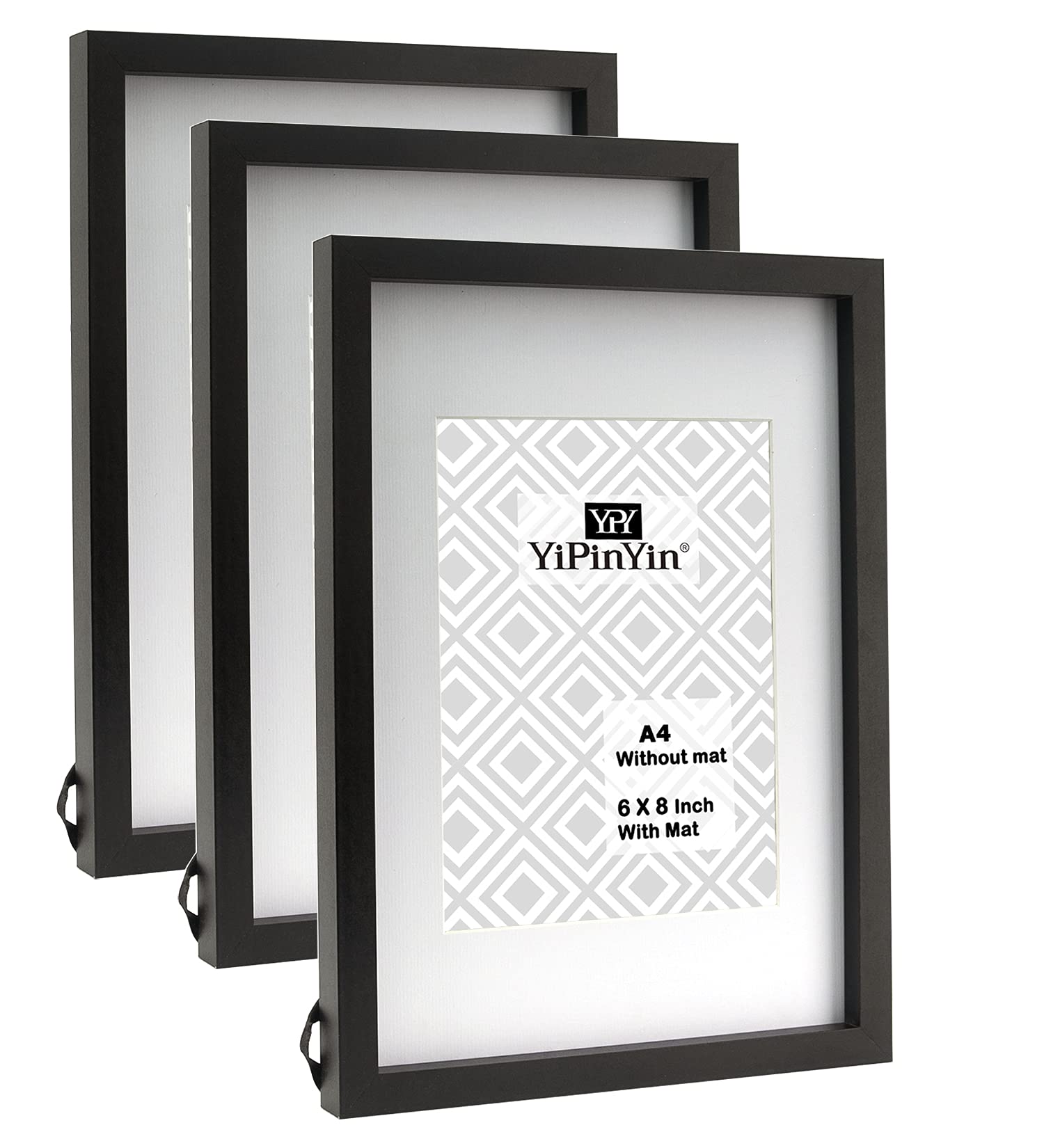 Black A4 Picture Frames set of 3 with Mount for 6 x 8'',A4 Gallery Wooden Boxed Picture Frame 3 Packs with Real Perspex Window Front, Modern A4 documents frames for Tabletop or Wallmounted