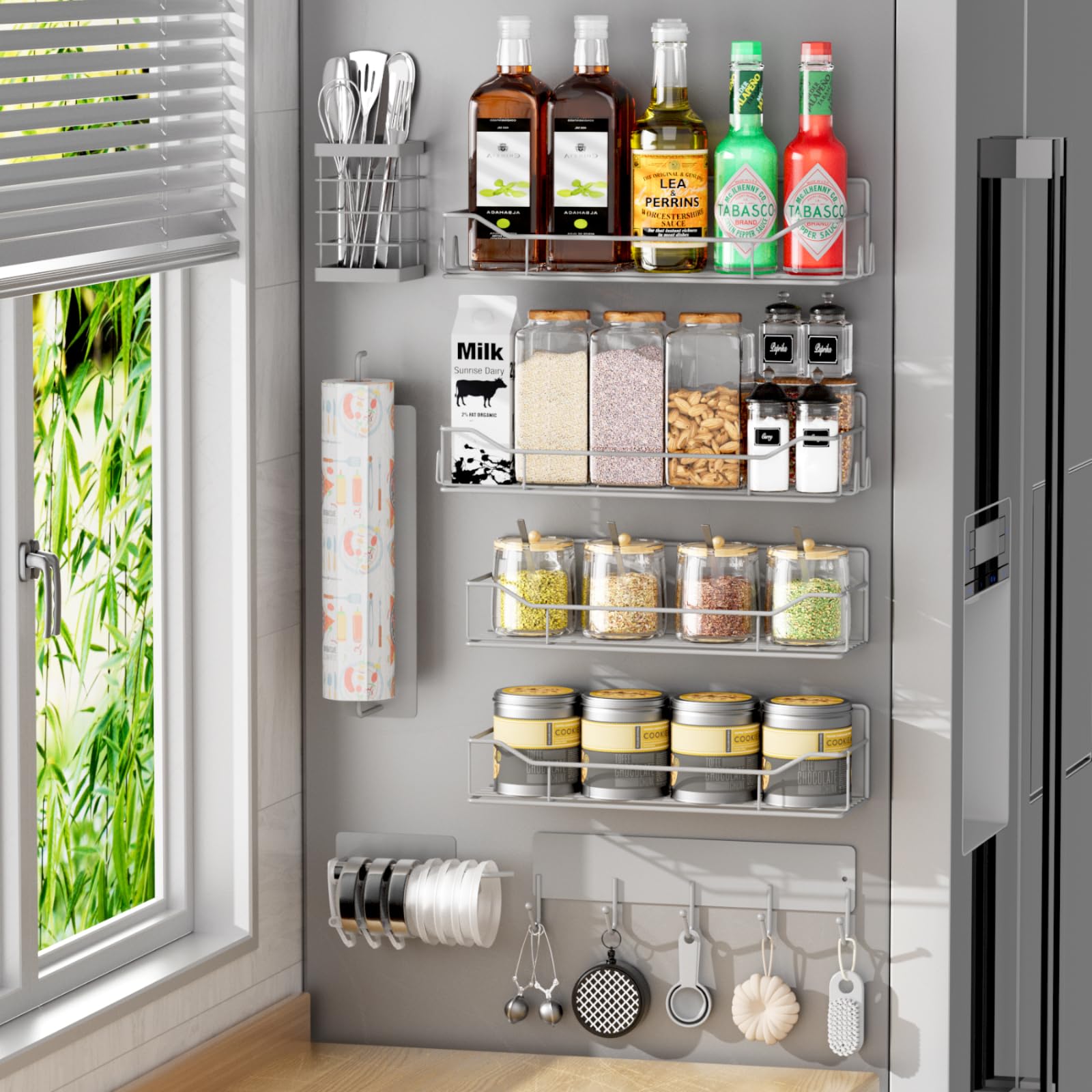 Kmise Magnetic Spice Rack for Refrigerator, 8 Pack Fridge Shelf, Moveable Organizer With Hook Rack, Paper Towel Holder, Utensil and Cup Lid Holder, Super Magnetic Rack Set (Grey)