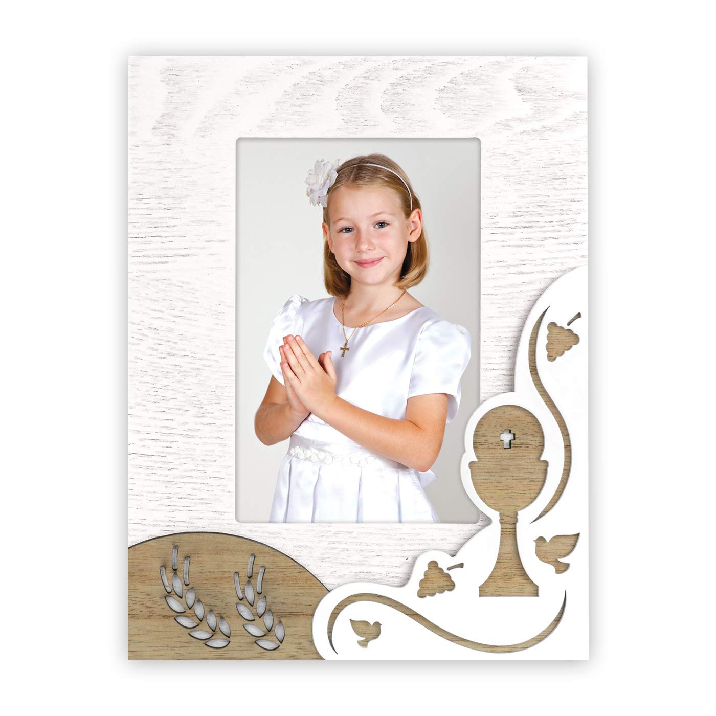 DALILA First Holy Communion Frame, Wooden with Ornaments in Wooden Marquetry, Desktop Stand, Suitable for 1 Photo 10 x 15 Vertical