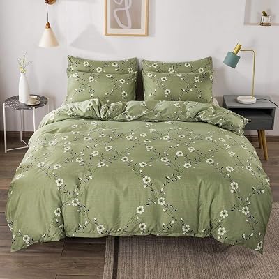 Loussiesd Flowers Bedding Duvet Cover Set White Green Botanical King