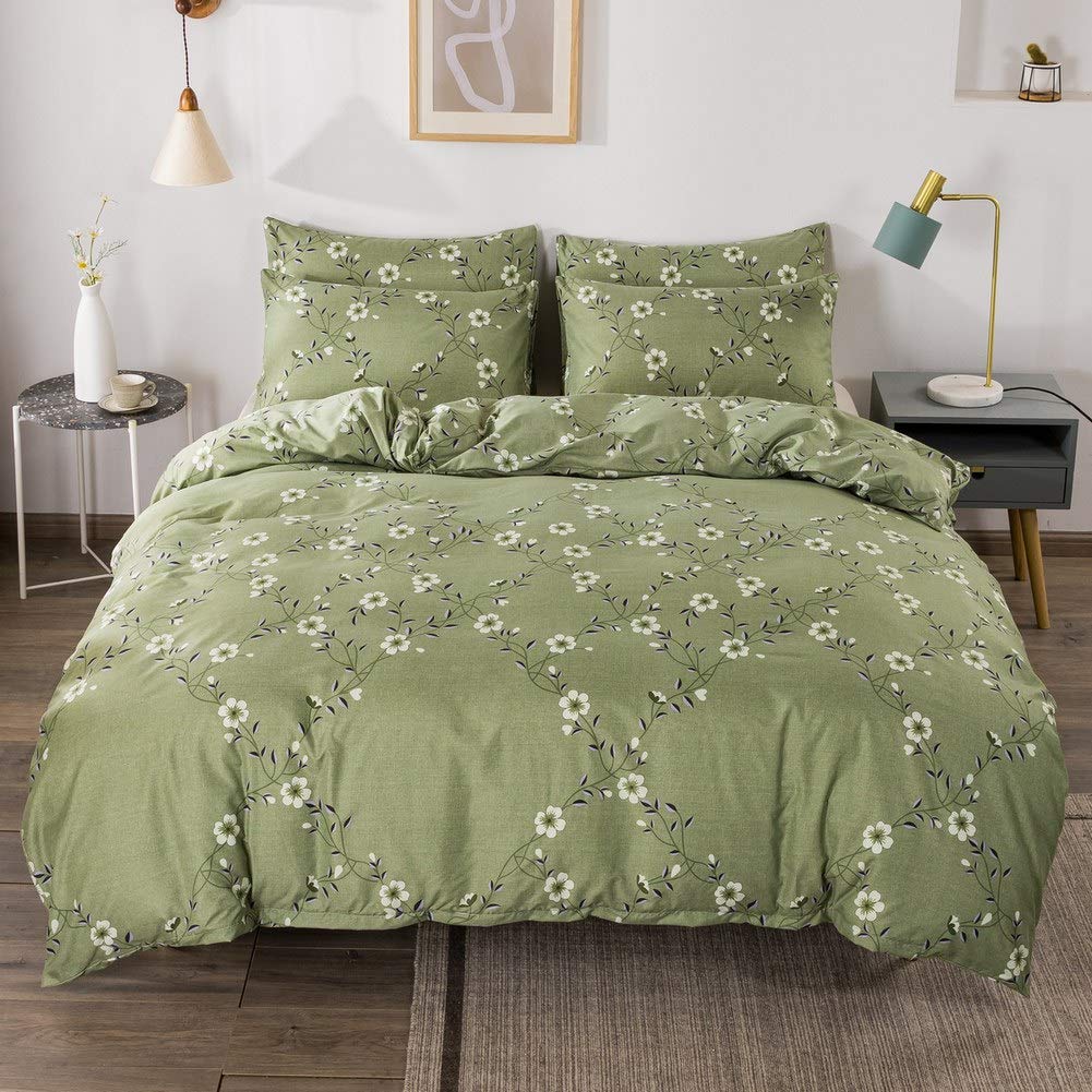 Flowers Bedding Set White Floral Duvet Cover Set Green Plants Branches Comforter Cover for Kids Women Adults Botanical Bedspread Cover with 1 Duvet Cover and 1 Pillowcase,Soft Lightweight,Single