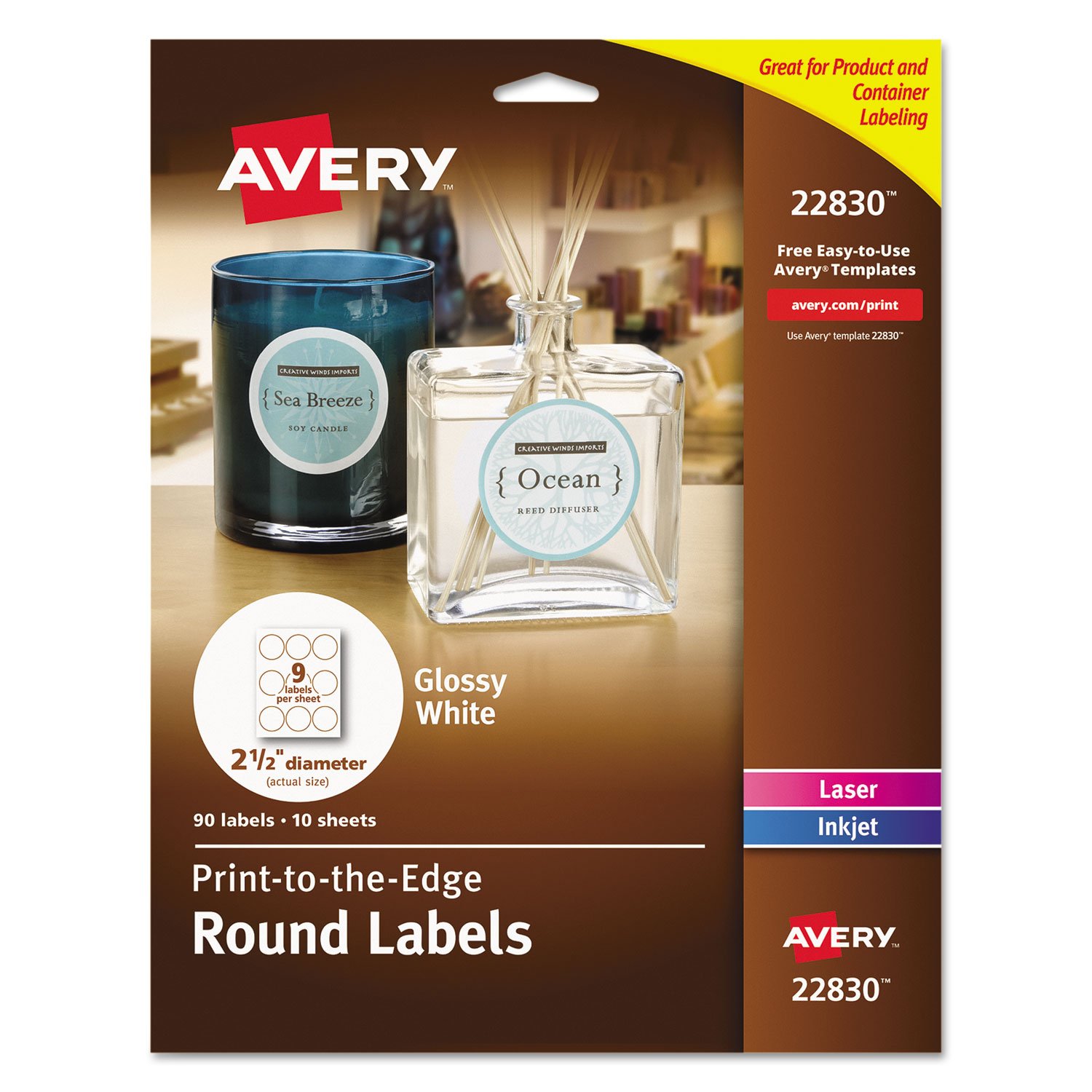 Avery Round Labels for Laser & Inkjet Printers, 2.5", 135 Glossy White