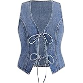 WDIRARA Women's Plus Size Bow Tie Front Denim Vest Jacket Western Sleeveless Jean Outerwear