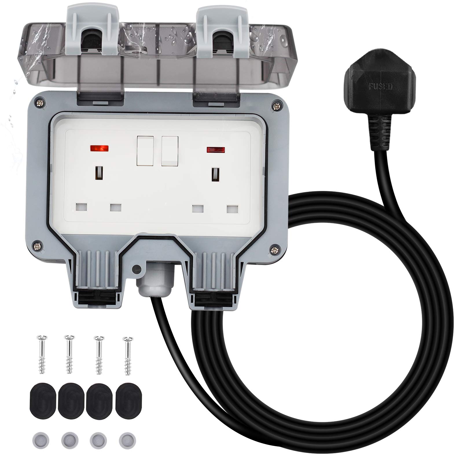 Waterproof Outdoor Socket With 3M Extension Cable - Double 13A IP66 Wall Electrical Outlets, Weatherproof Outside Plug Socket With Switched Covers