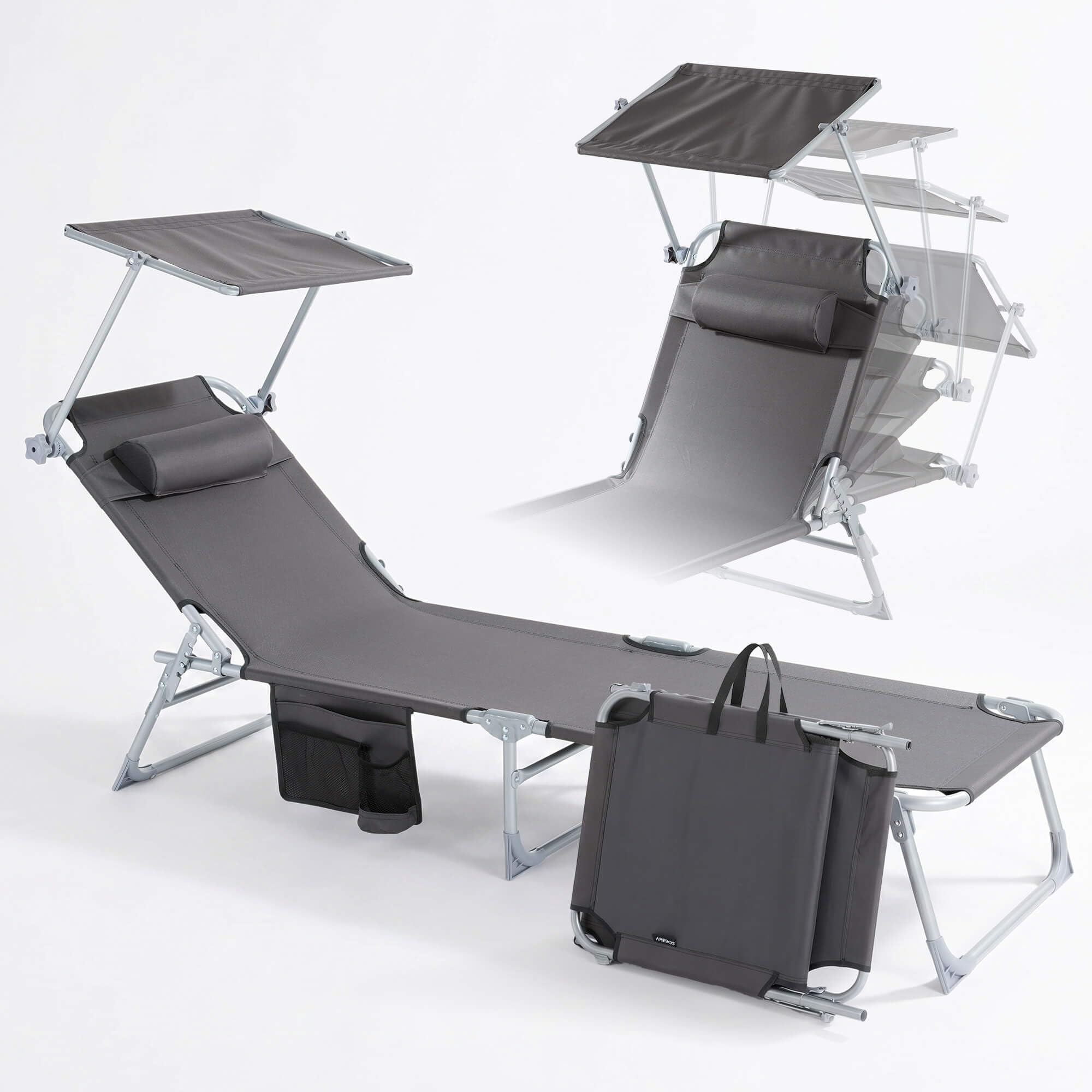 Arebos Sonnenliege & Liegestuhl klappbar mit Sonnendach | Gartenliege, Campingliege & Strandliege | Kopfkissen & Seitentasche | 4-Fach verstellbar | Relaxliege faltbar | bis 120 kg | Anthrazit
