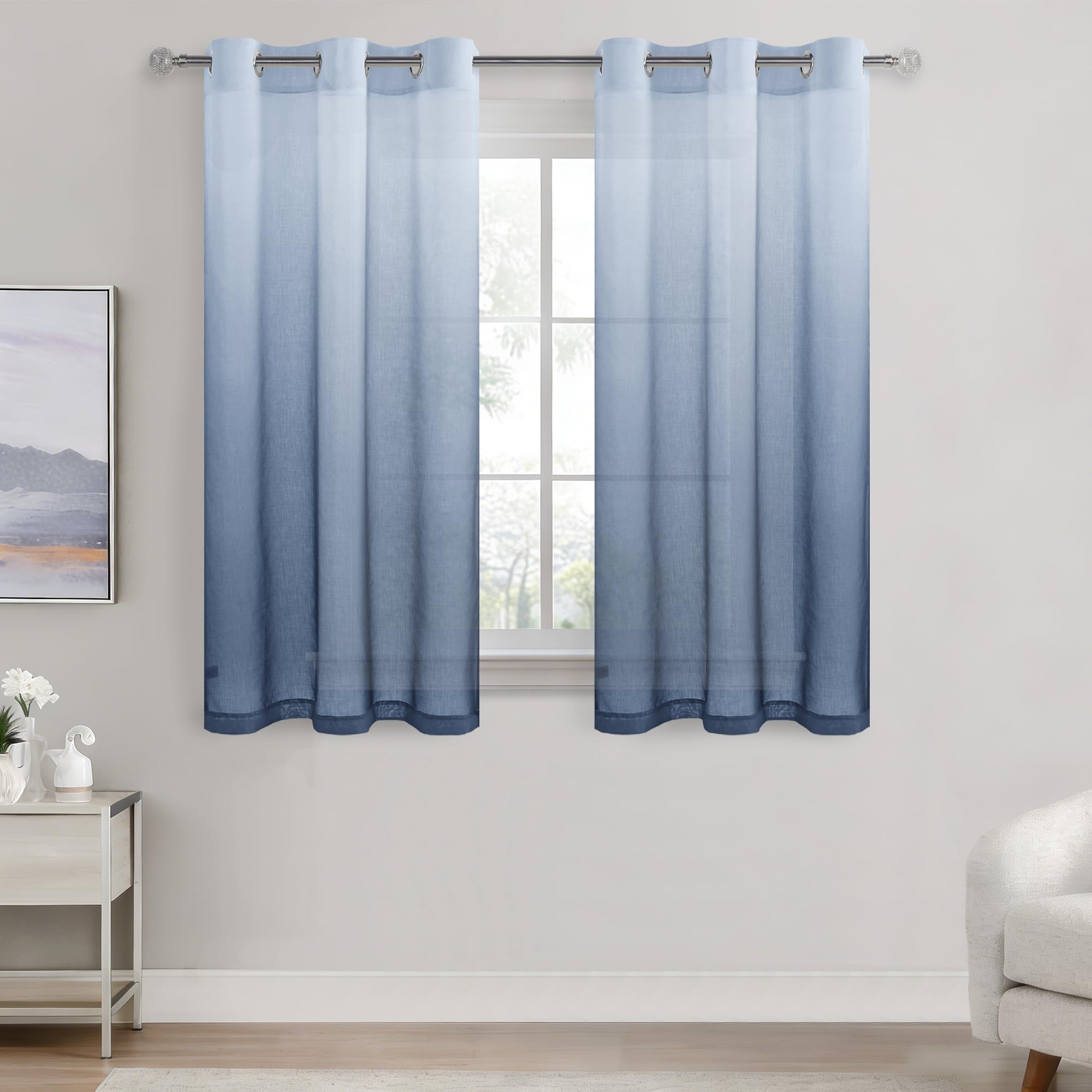 DWCN Voile Curtain Blue Gradient Curtains for Living Room Net Curtains for Windows Sheer Bedroom Crurtains Eyelet Set of 2, 46 x 54 Inches