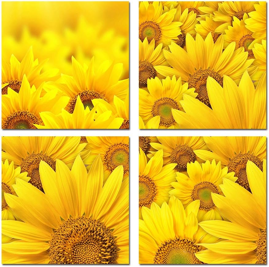 Purple Verbena Art 12''x12'', 4pcs Modern Yellow Sunflowers Pictures Photo Prints on Canvas Home Decor Walls Artwork Paintings, High Giclee Stretched and Framed Wall Picture Painting for Living Room