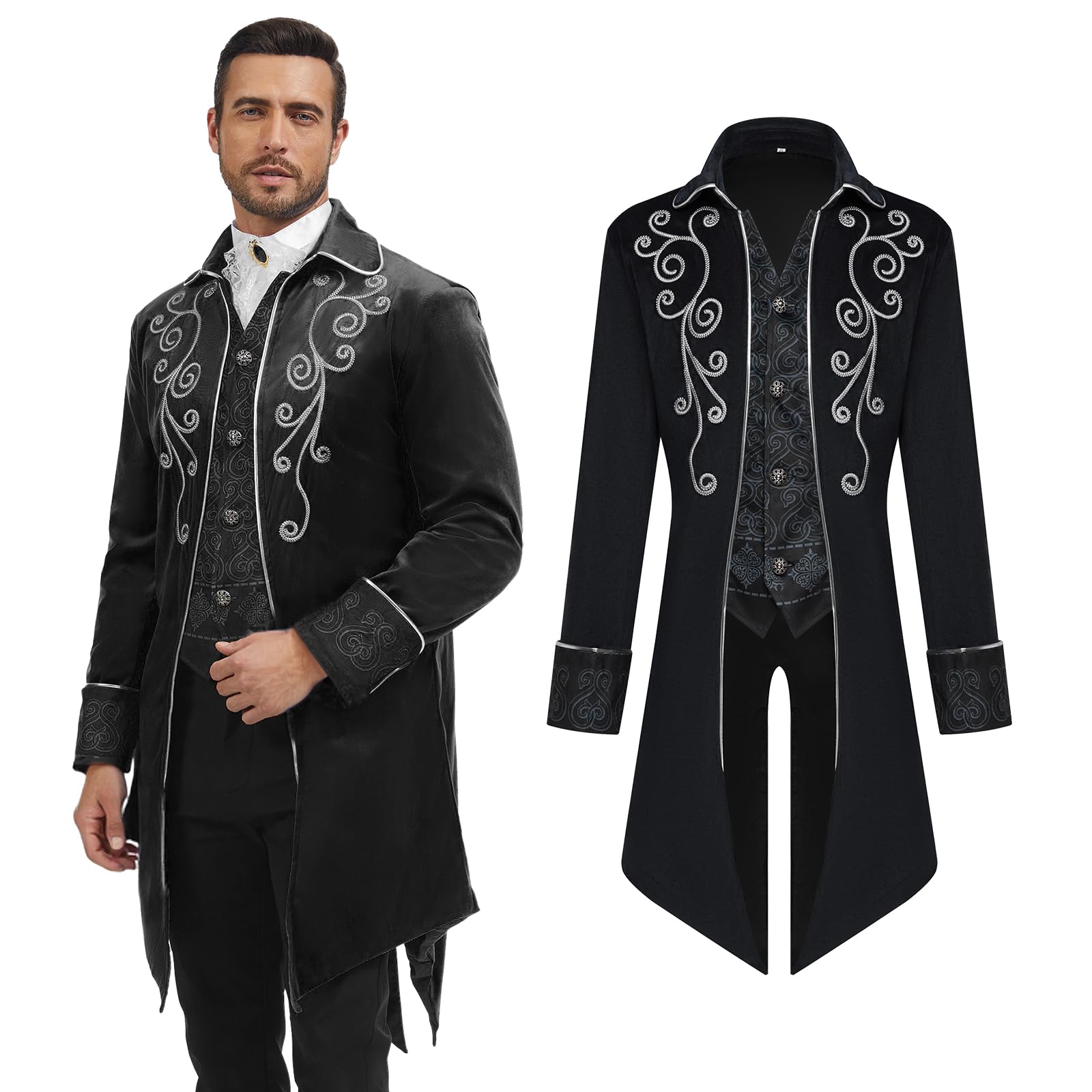 AFJIODUV Steampunk Jacket Men, Long Sleeve Embroidery Vintage Gothic Coat Men Tailcoat Jacket, Mens Victorian Costume for Steampunk-Themed & Dancing Party, Halloween (Black, S)