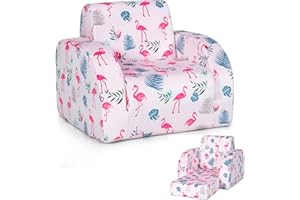 Costzon Kids Couch, 3 in 1 Convertible Flip Open Children's Sofa w/Foam-Padded Seat, Toddler Armrest Chair Bed for Nap Play Sleep, Fold Out Lounger Kids Sofa, Gift for Children Boys Girls (Flamingo)